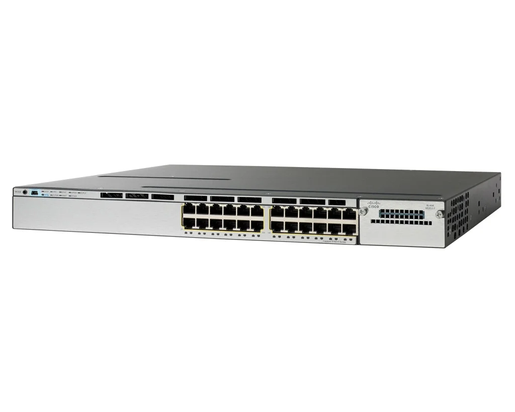 سوییچ شبکه سیسکو مدل WS-C3750X-24T-S با ۲۴ پورت گیگابیت، مناسب برای شبکه‌های سازمانی و دیتاسنتر، دارای قابلیت مدیریت پیشرفته و پشته‌سازی.